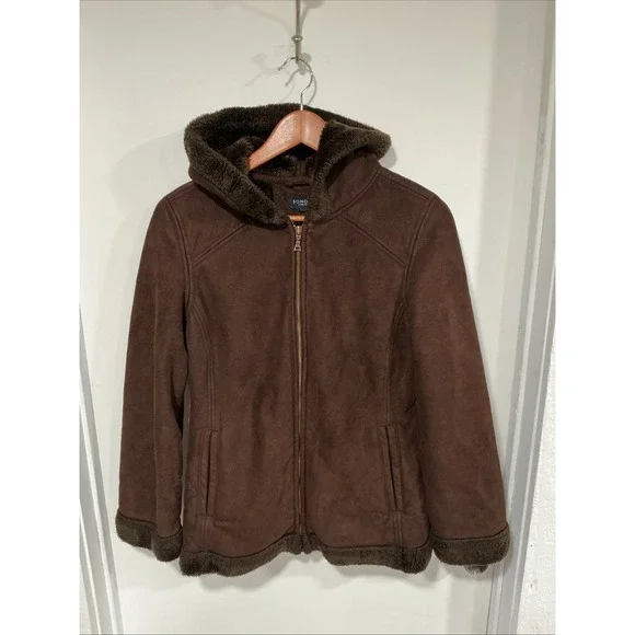 Faux Suede And Shearling Lined coat women Small, Dark Brown, Hooded, Classic - Picture 1 of 11